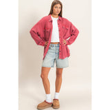 Mineral Wash Waffle Knit Shacket, Red