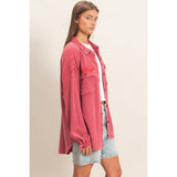 Mineral Wash Waffle Knit Shacket, Red