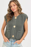 Button Closure Knit Sweater Top, Pinewood (S, L)