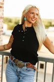 Black Short Sleeve Turquoise Snap Button Down T-Shirt