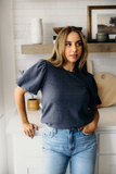 Textured Puff Sleeve Blouse-Slate Blue (XS, S, L-2X)