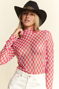 Checkered Mesh Top- Fuchsia