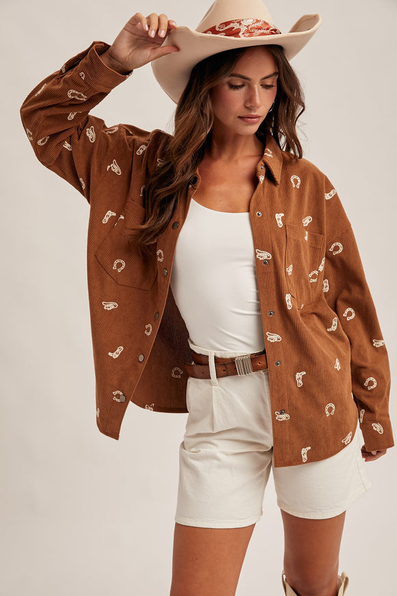 Western Embroidered Light Corduroy Shirt (S-L)
