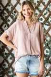 Striped Split Neck Roll Sleeve Blouse (1x, 2x)