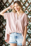 Striped Split Neck Roll Sleeve Blouse (1x, 2x)