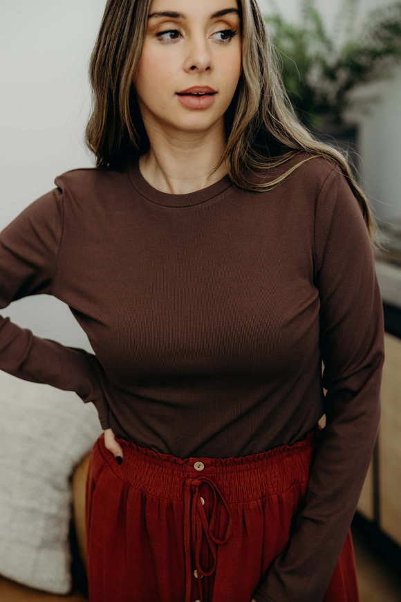 High Neck Long Sleeve Scoop Tee- Rustic Brown(XS-M, XL,2X)