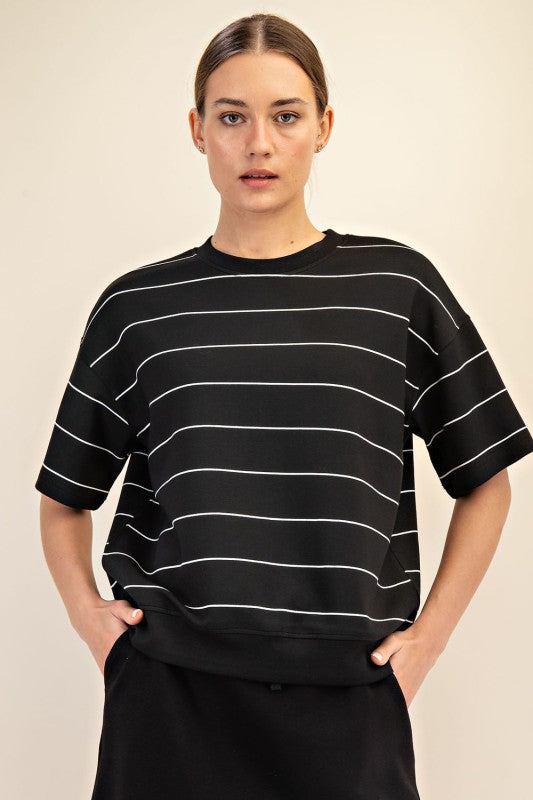 Black Comfy Luxe Stripe Basic Short Sleeve