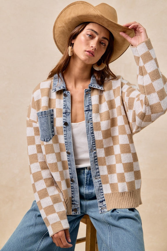 Washed Denim Checkered Sweater Top (L)