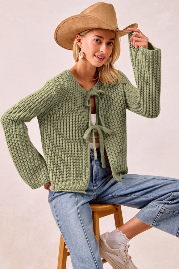 Sweater Top With Tie Front, Light Olive