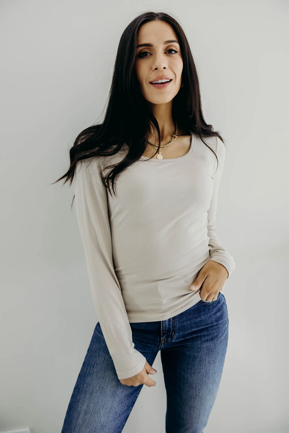 Long Sleeve Scoop Tee- Sand (S-3X)