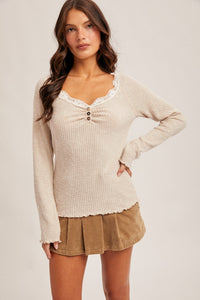 Lace Trim Ribbed Henley (S,M)