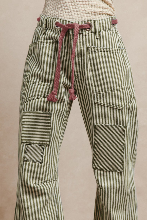 Striped Twill Barrel Pants, Olive (S-XL)