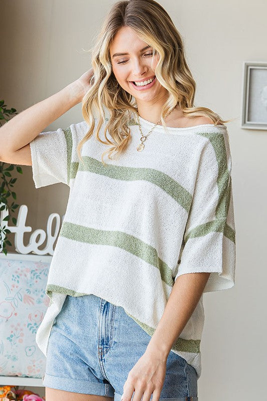 Striped Round Neck Lightweight Top (2X, 3X)