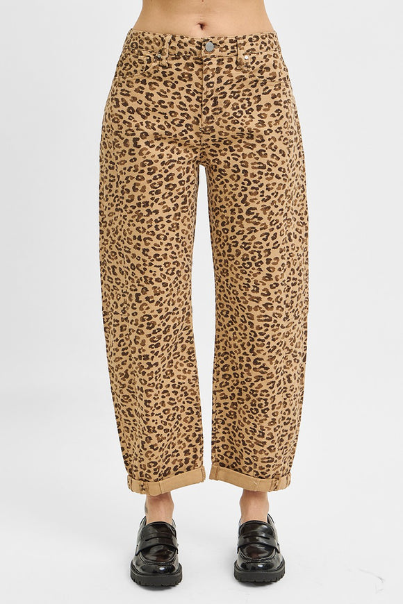 Risen- High Rise Leopard Crop Barrel Denim