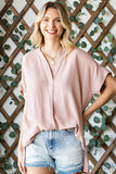 Striped Split Neck Roll Sleeve Blouse (1x, 2x)