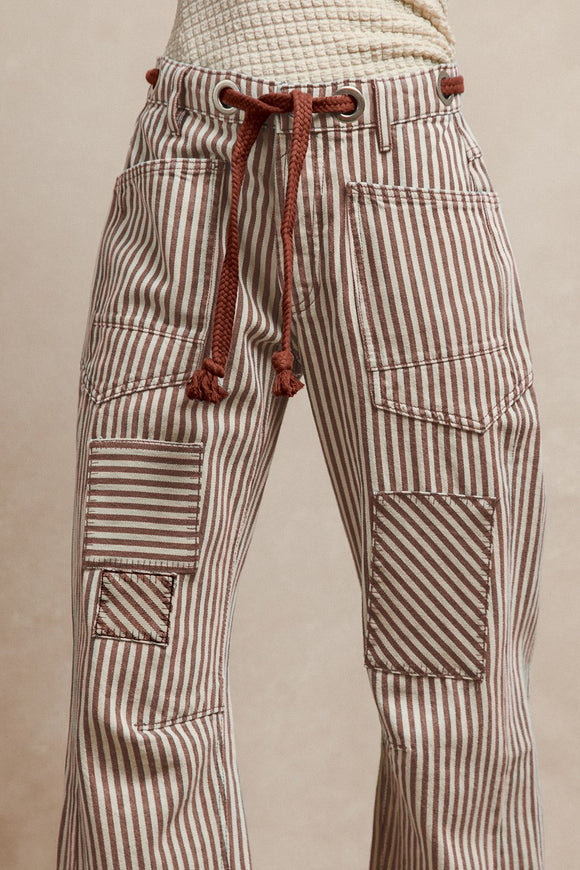Striped Twill Barrel Pants, Mocha Brown (S, L, XL)