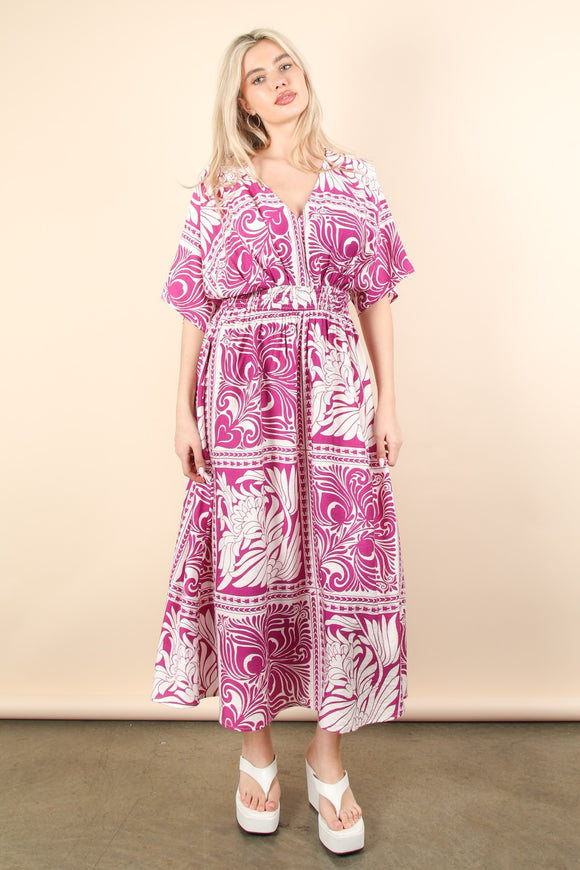 Printed V-Neck Boho Midi Dress