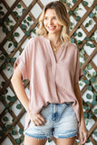 Striped Split Neck Roll Sleeve Blouse (1x, 2x)