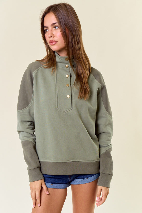 Contrast Textured Mock Neck Sweatshirt, Olive