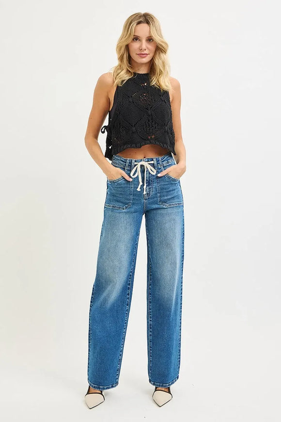 Risen- High Rise Wide Baggy Jeans With Tie (3-3X)