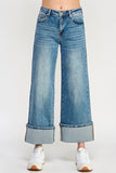 Mid Rise Wide Leg Cuffed Denim