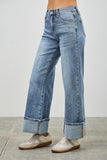 Mid Rise Wide Leg Cuffed Denim