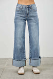 Mid Rise Wide Leg Cuffed Denim