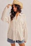 Striped Oversized Button Down Shirt, Taupe (S, M)