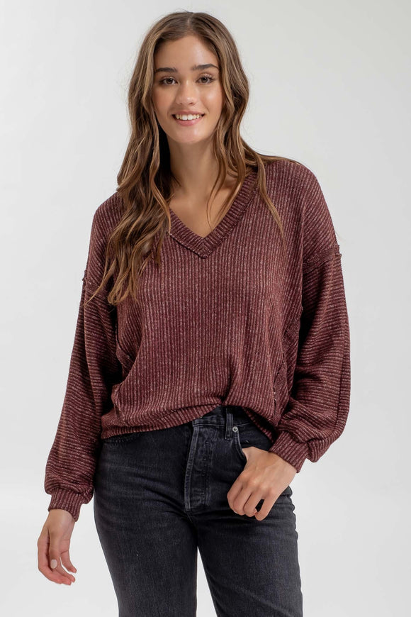 Thin Striped V-Neck Knit Top, Oxblood