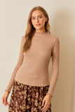 Ruffled High Neck Ribbed Top, Tan