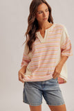 Striped Mix Loose Fit V-Neck Top, Candy Pink (S-L)