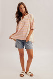 Striped Mix Loose Fit V-Neck Top, Candy Pink (S-L)