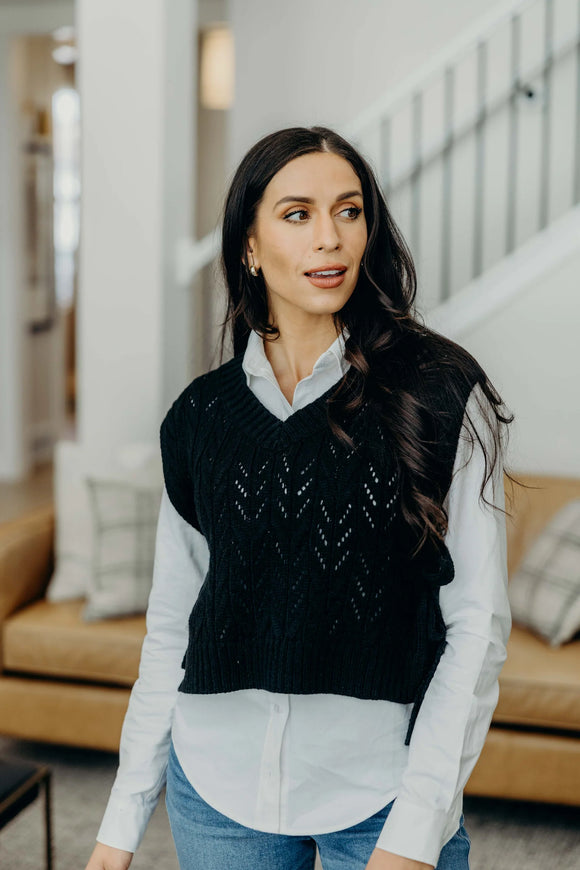 Cable Knit Sweater Vest- Black (XS-3X)