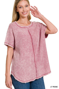 Short Sleeve Waffle Top, Rose (2X/3X)